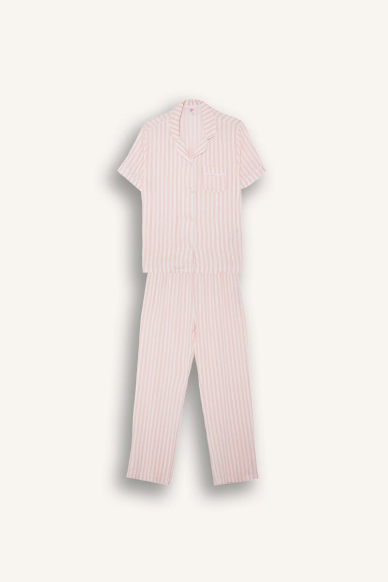 DeFacto Pink Woman Regular Fit Striped Top Bottom 2 Piece Pajama Set Casual - Image 5